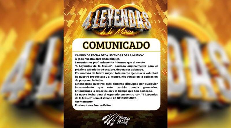 Reprograman concierto "Las cuatro Leyendas de la Salsa" para el 20 de diciembre